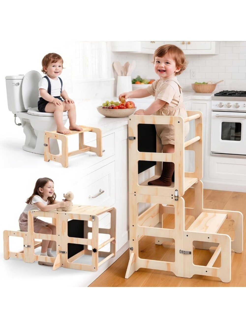 4-in-1 Foldable Toddler Kitchen Step Stool & Blackboard - Ideal for Ages 18M